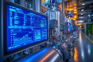 Industrial Production Facility with High-Tech Control Monitors in a Stainless Steel Environment Generative AI